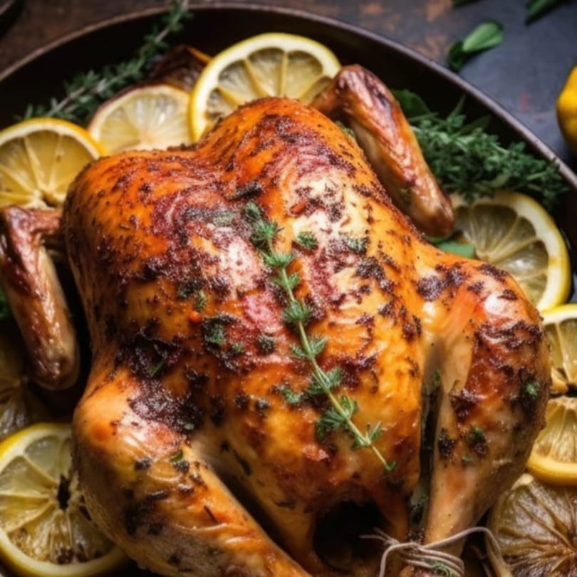 Golden brown roasted chicken garnished with fresh thyme and lemon slices in a dark pan.