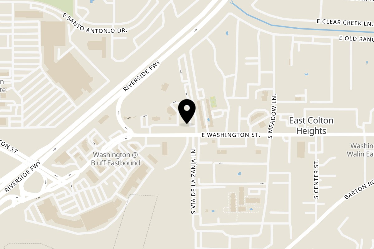 Map showing the location of Chick N Falafel on 1431 E Washington St in Colton